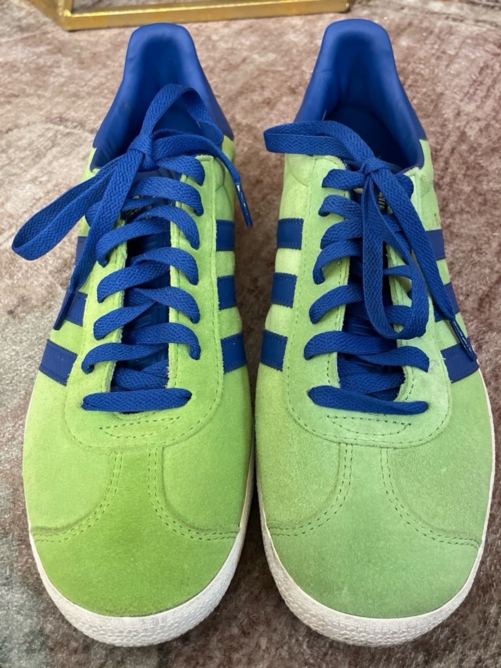 Unisex original adidas Lime Green Suede Sneakers with Blue Stripes